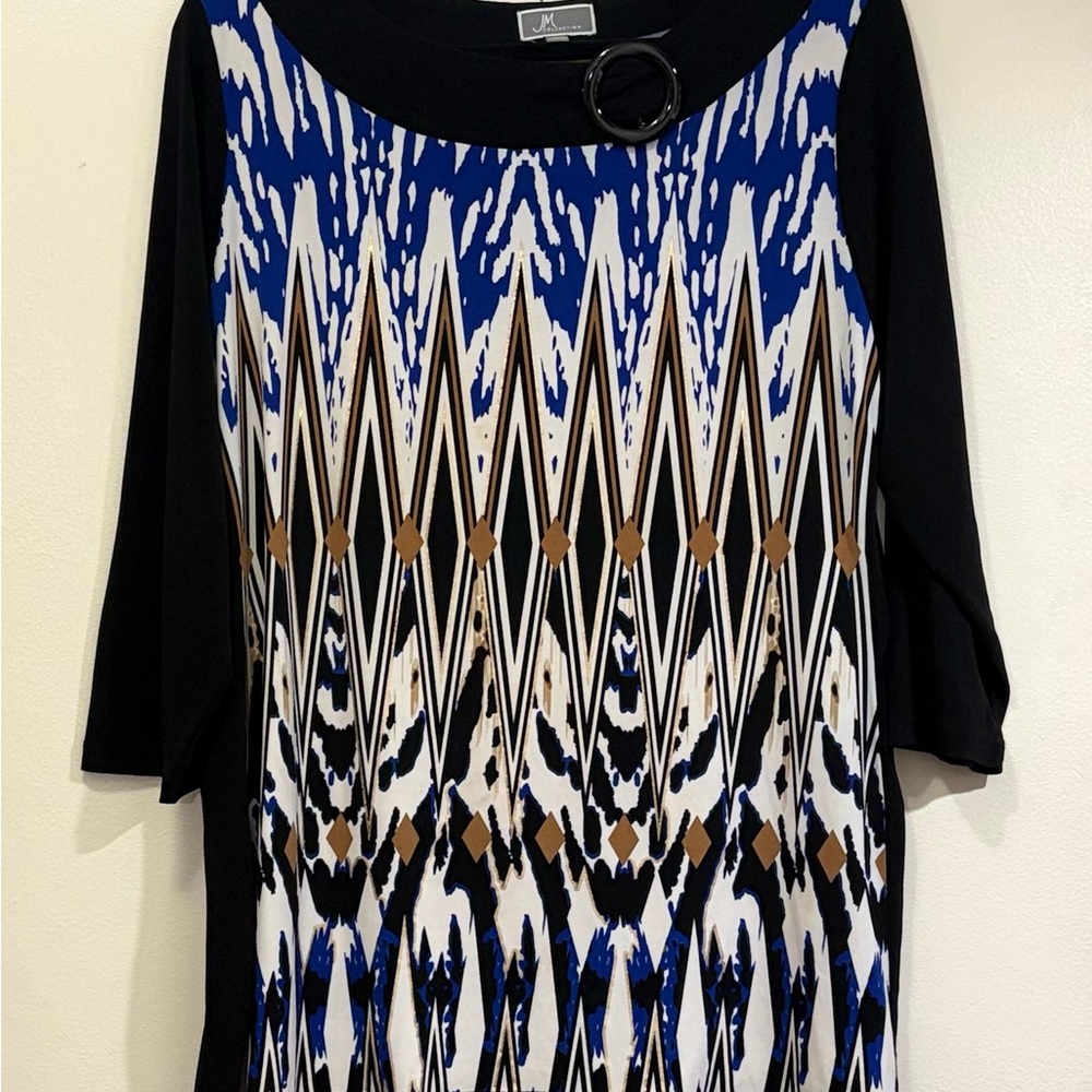 JM Collection Black and Blue Graphic 3/4 Sleeve Blouse - Picture 2 of 4